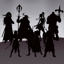 Silhouettes of a diverse fantasy group consisting of a ninja, a cleric, two elves, a burly warrior, a cunning trickster, and a human warrior