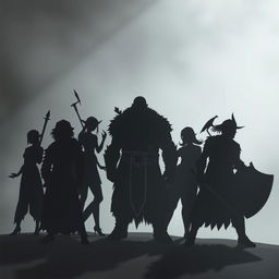 Silhouettes of a diverse fantasy group consisting of a ninja, a cleric, two elves, a burly warrior, a cunning trickster, and a human warrior