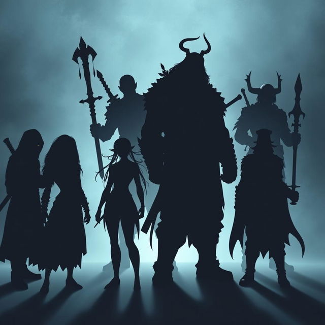 Silhouettes of a diverse fantasy group consisting of a ninja, a cleric, two elves, a burly warrior, a cunning trickster, and a human warrior