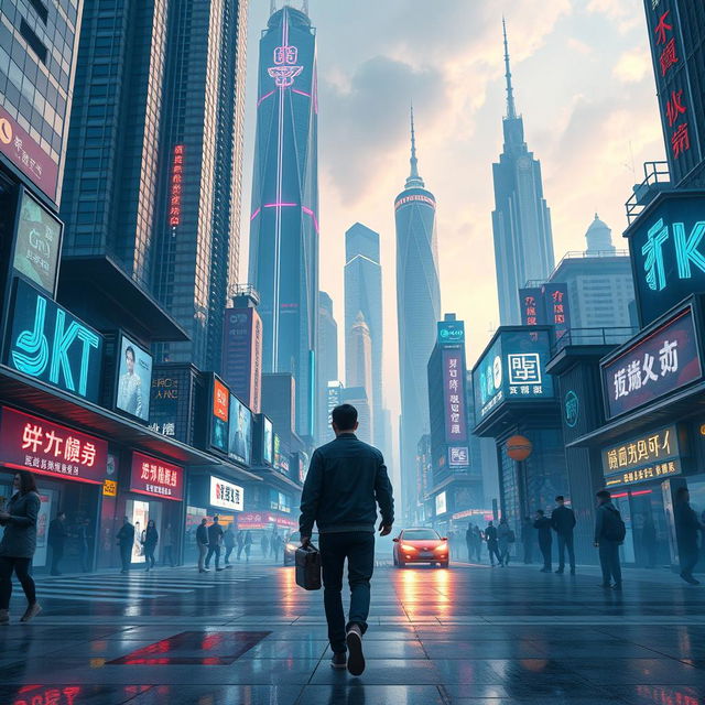 A man carrying a satchel walking through a futuristic Chinese cityscape