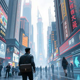 A man carrying a satchel walking through a futuristic Chinese cityscape