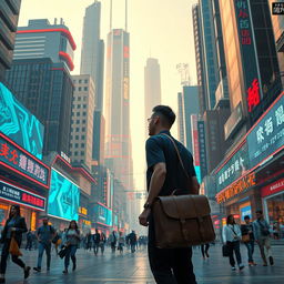 A man carrying a satchel walking through a futuristic Chinese cityscape