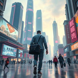 A man carrying a satchel walking through a futuristic Chinese cityscape