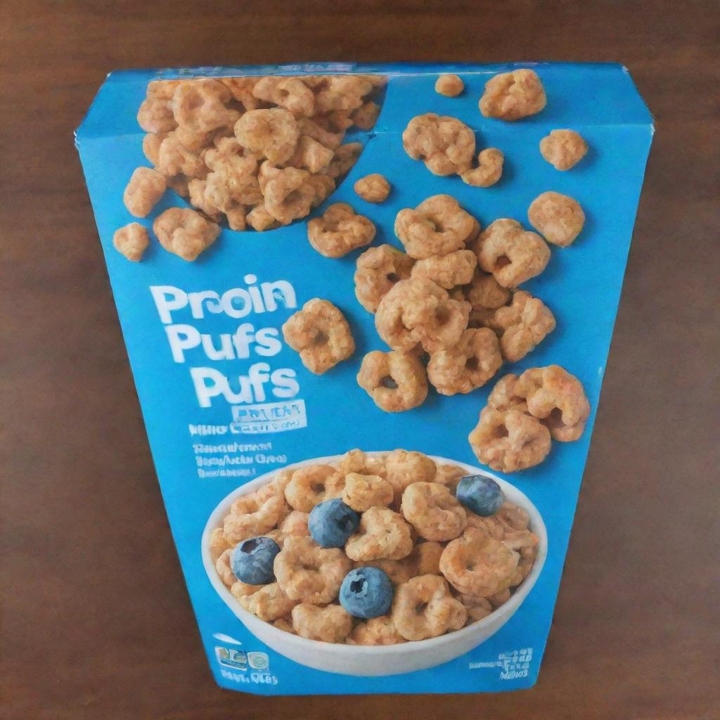 A blue cereal box with a picture of a bowl filled with cereal in the center. The cereal is labeled as 'Protein Puffs'.