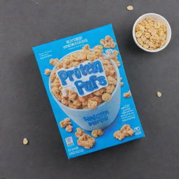 A blue cereal box with a picture of a bowl filled with cereal in the center. The cereal is labeled as 'Protein Puffs'.