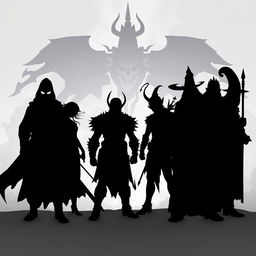 Silhouettes of an all-male fantasy group featuring a ninja, a cleric, two wizard elves, a robust warrior, a cunning trickster, a human warrior, and a human cleric