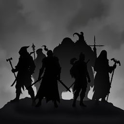 Silhouettes of an all-male fantasy group featuring a ninja, a cleric, two wizard elves, a robust warrior, a cunning trickster, a human warrior, and a human cleric