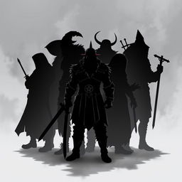 Silhouettes of an all-male fantasy group featuring a ninja, a cleric, two wizard elves, a robust warrior, a cunning trickster, a human warrior, and a human cleric