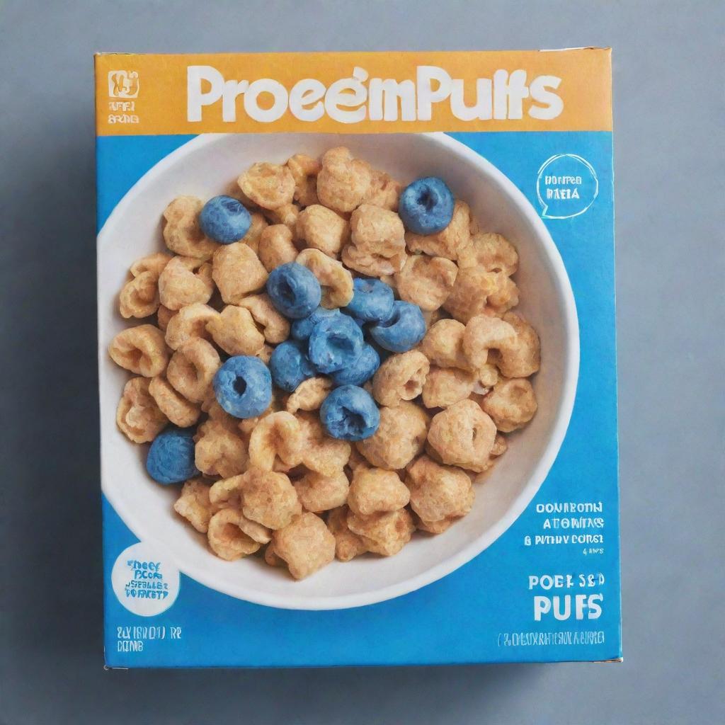 A blue cereal box with a picture of a bowl filled with cereal in the center. The cereal is labeled as 'Protein Puffs'.