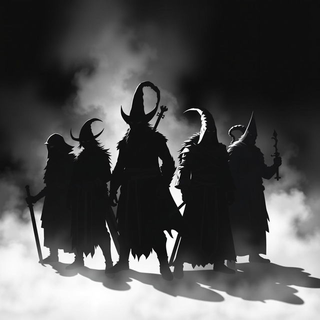 Silhouettes of an all-male fantasy group featuring a ninja, a cleric, two wizard elves, a robust warrior, a cunning trickster, a human warrior, and a human cleric