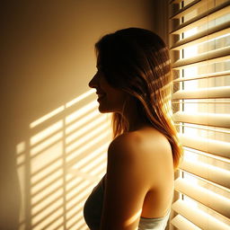 A young European woman stands parallel to a window, smiling as she looks out