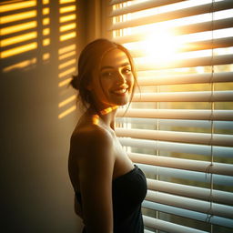 A young European woman stands parallel to a window, smiling as she looks out