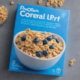 A blue cereal box with a picture of a bowl filled with cereal in the center. The cereal is labeled as 'Protein Puffs'.