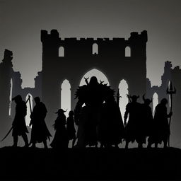 Silhouettes of an all-male fantasy ensemble set against the backdrop of a demolished castle