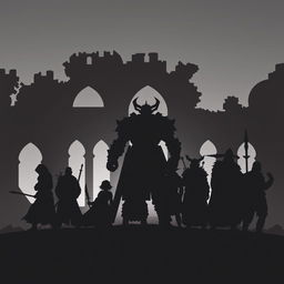 Silhouettes of an all-male fantasy ensemble set against the backdrop of a demolished castle