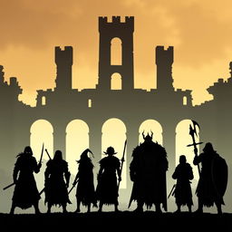 Silhouettes of an all-male fantasy ensemble set against the backdrop of a demolished castle