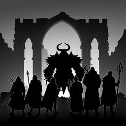 Silhouettes of an all-male fantasy ensemble set against the backdrop of a demolished castle