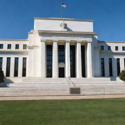 An imposing neoclassical building representing the Federal Reserve with a majestic daytime view under clear blue skies, surrounded by well-manicured green lawns.