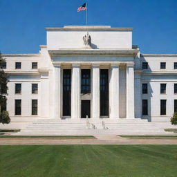 An imposing neoclassical building representing the Federal Reserve with a majestic daytime view under clear blue skies, surrounded by well-manicured green lawns.