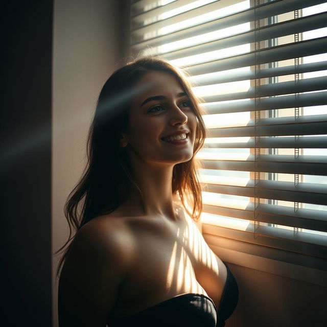 A young European woman smiles as she gazes out of a window with partially opened blinds