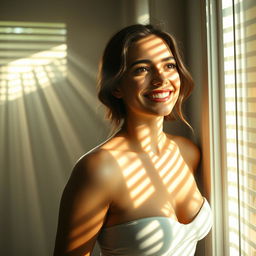 A young European woman smiles as she gazes out of a window with partially opened blinds