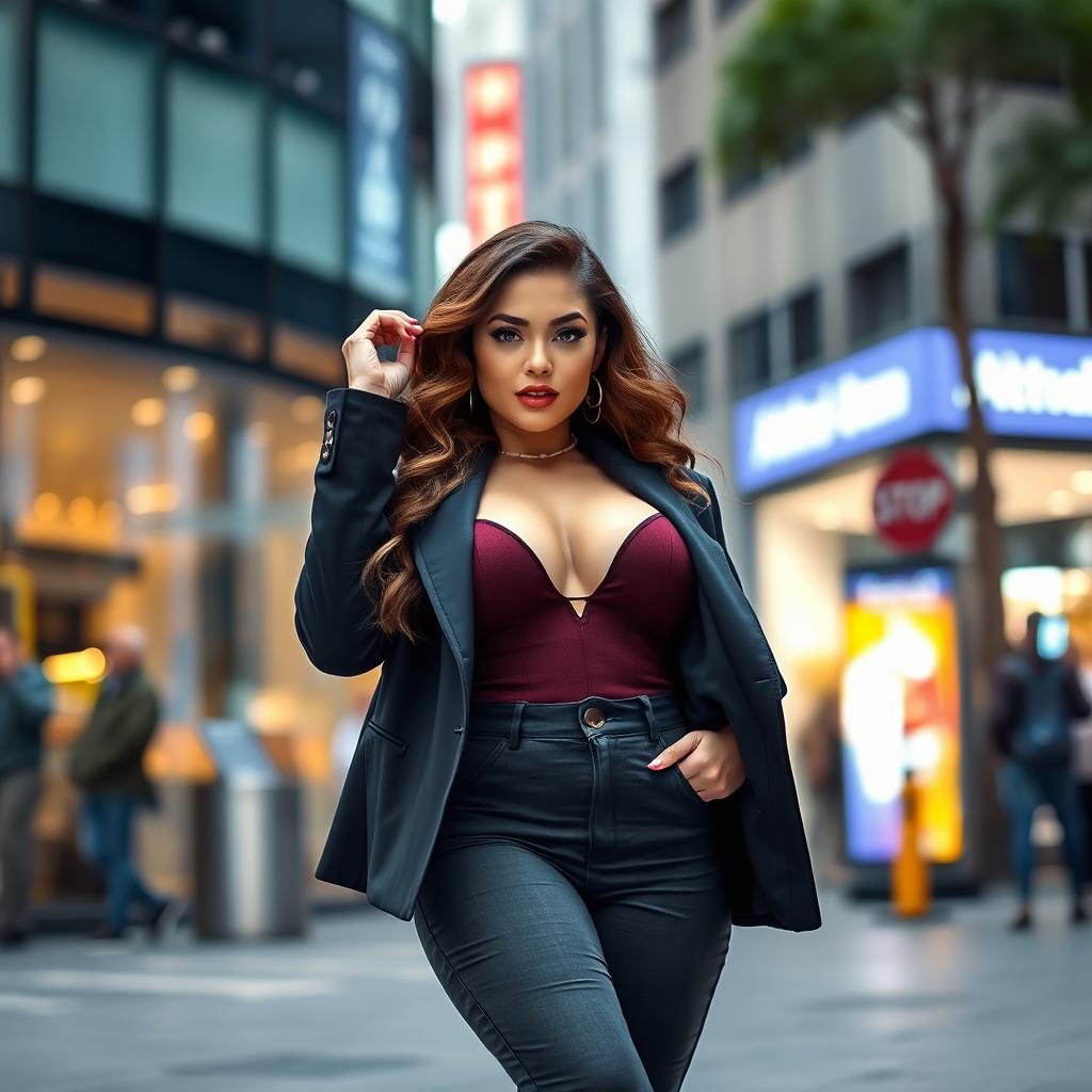 a confident and attractive curvaceous woman in a stylish, glamorous outfit, posed elegantly in a chic urban setting, highlighting her natural allure and self-assured presence