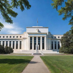 An imposing neoclassical building representing the Federal Reserve with a majestic daytime view under clear blue skies, surrounded by well-manicured green lawns.