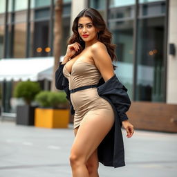 a confident and attractive curvaceous woman in a stylish, glamorous outfit, posed elegantly in a chic urban setting, highlighting her natural allure and self-assured presence