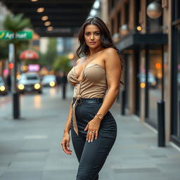 a confident and attractive curvaceous woman in a stylish, glamorous outfit, posed elegantly in a chic urban setting, highlighting her natural allure and self-assured presence