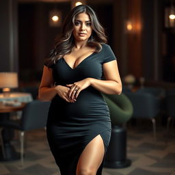 a voluptuous and confident woman with a curvaceous figure, wearing a form-fitting, fashionable dress that accentuates her shape, standing in a sophisticated, evening setting with subtle elegance and poise