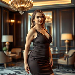 a confident and attractive Caucasian woman with a voluptuous and curvy figure, wearing a stylish and elegant dress that highlights her shape, set in an elegant and sophisticated environment exuding poise