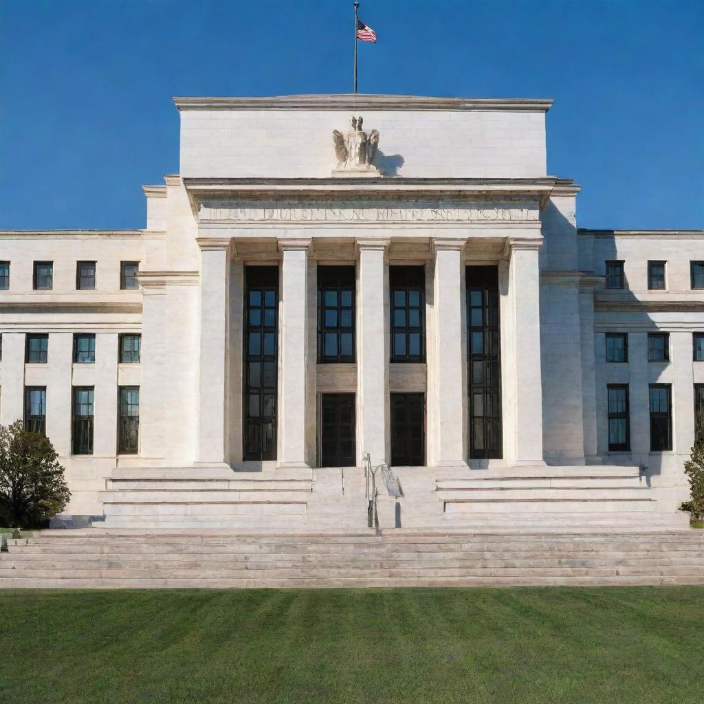 An imposing neoclassical building representing the Federal Reserve with a majestic daytime view under clear blue skies, surrounded by well-manicured green lawns.