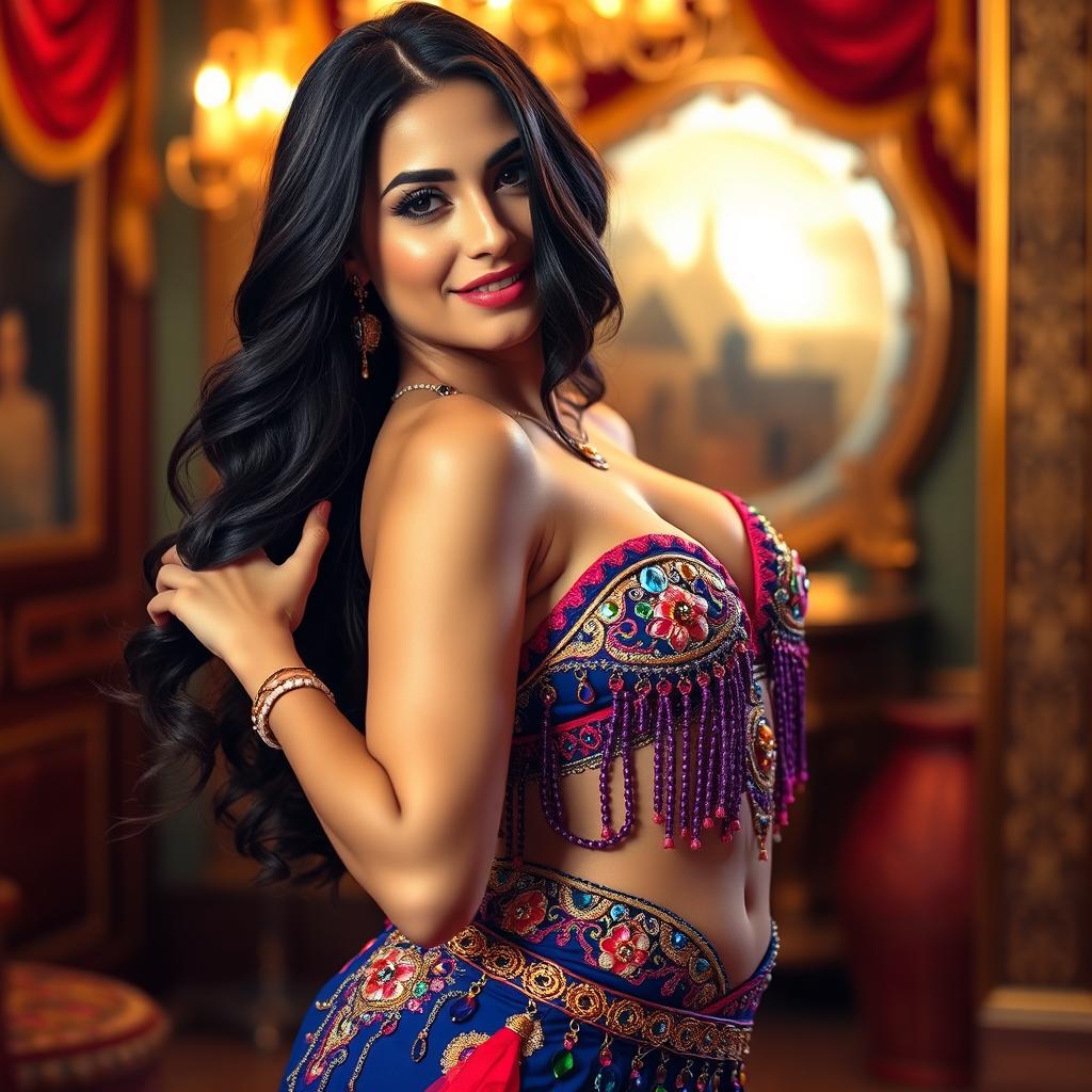 A beautiful and alluring Turkish woman in a dazzling belly dancer outfit, adorned with intricate beadwork and vibrant colors