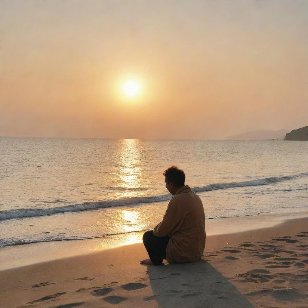 A solitary individual seated on a serene seashore, wrapped in thought, reminiscing about their childhood memories. Gaze filled with nostalgia, the setting sun casting warm hues around.