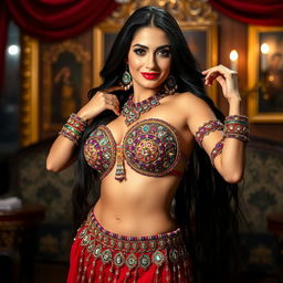 A beautiful and alluring Turkish woman in a dazzling belly dancer outfit, adorned with intricate beadwork and vibrant colors