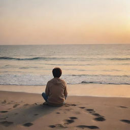 A solitary individual seated on a serene seashore, wrapped in thought, reminiscing about their childhood memories. Gaze filled with nostalgia, the setting sun casting warm hues around.
