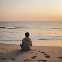 A solitary individual seated on a serene seashore, wrapped in thought, reminiscing about their childhood memories. Gaze filled with nostalgia, the setting sun casting warm hues around.