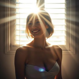 A young European woman smiles as she looks out a window with slightly opened blinds