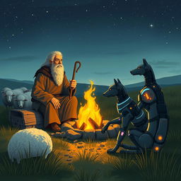 An old shepherd having a conversation with a man by a campfire, with sheep grazing nearby and a cybernetic dog sitting beside them