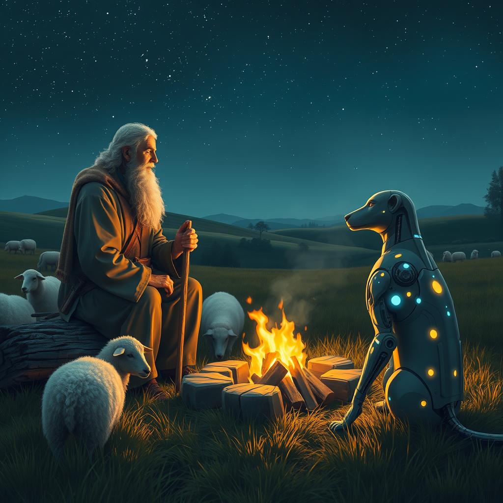 An old shepherd having a conversation with a man by a campfire, with sheep grazing nearby and a cybernetic dog sitting beside them