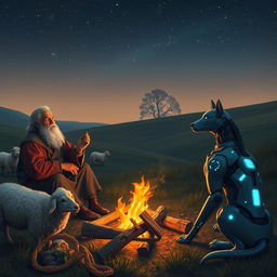 An old shepherd having a conversation with a man by a campfire, with sheep grazing nearby and a cybernetic dog sitting beside them