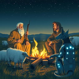 An old shepherd having a conversation with a man by a campfire, with sheep grazing nearby and a cybernetic dog sitting beside them