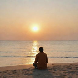 A solitary individual seated on a serene seashore, wrapped in thought, reminiscing about their childhood memories. Gaze filled with nostalgia, the setting sun casting warm hues around.