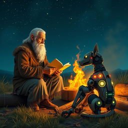 An old shepherd conversing with a man by a campfire, with a mechanical dog sitting beside them