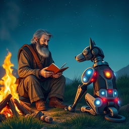 An old shepherd conversing with a man by a campfire, with a mechanical dog sitting beside them