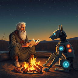 An old shepherd conversing with a man by a campfire, with a mechanical dog sitting beside them