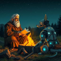 An old shepherd conversing with a man by a campfire, with a mechanical dog sitting beside them