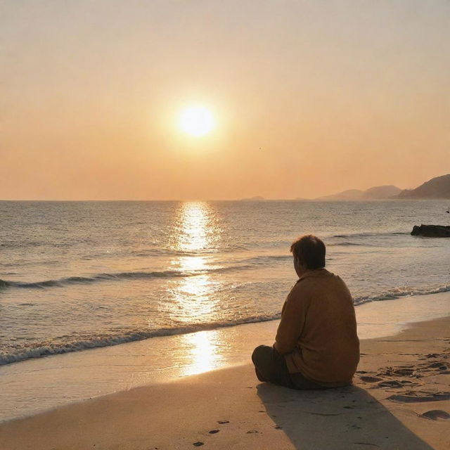 A solitary individual seated on a serene seashore, wrapped in thought, reminiscing about their childhood memories. Gaze filled with nostalgia, the setting sun casting warm hues around.