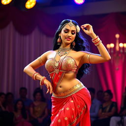 A captivating Indian dancer performing on stage, showcasing her alluring and curvaceous figure