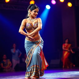 A captivating Indian dancer performing on stage, showcasing her alluring and curvaceous figure